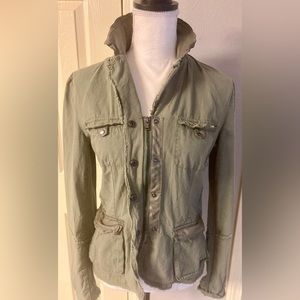 JAKETT ANTHROPOLOGIE DISTRESSED UTILITY JACKET VEGAN LEATHER ACCENT SIZE XS